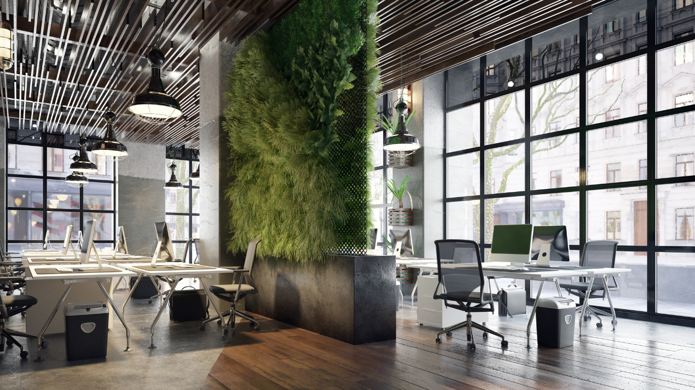 A modern office with lots of windows and a green wall.