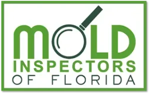 A logo for mold inspectors of florida with a magnifying glass