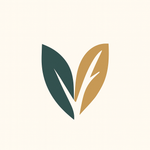 Two stylized leaves, one teal and one gold, arranged in a V-shape on a cream background.