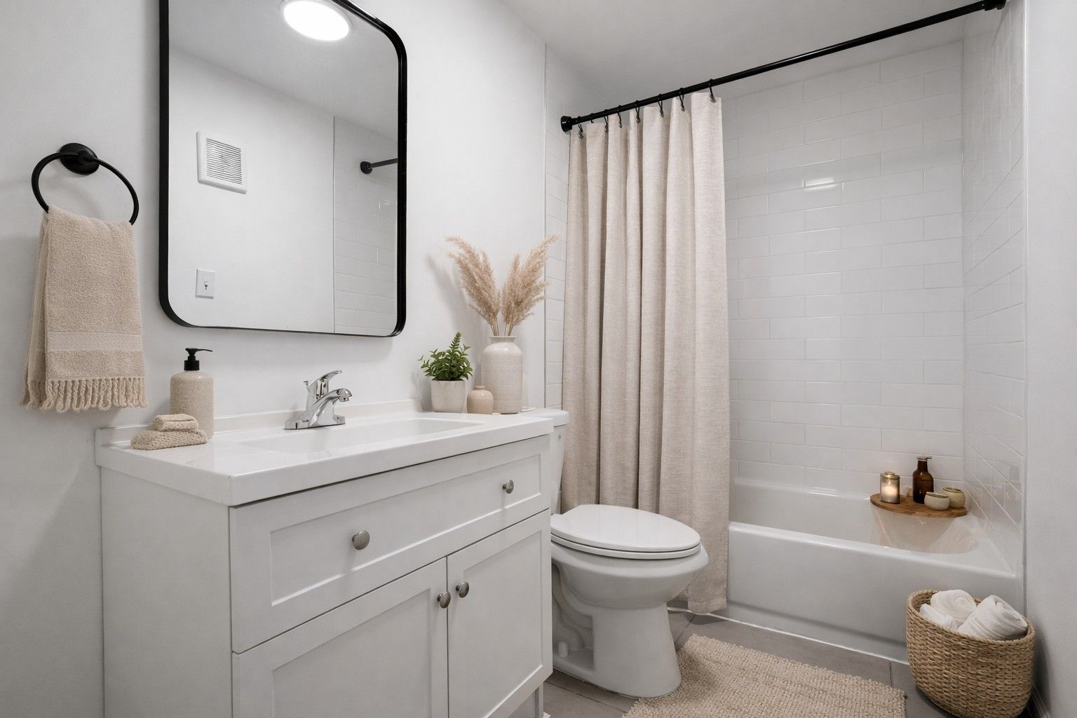 White bathroom with a vanity, toilet, and bathtub with beige accents and a black-framed mirror.