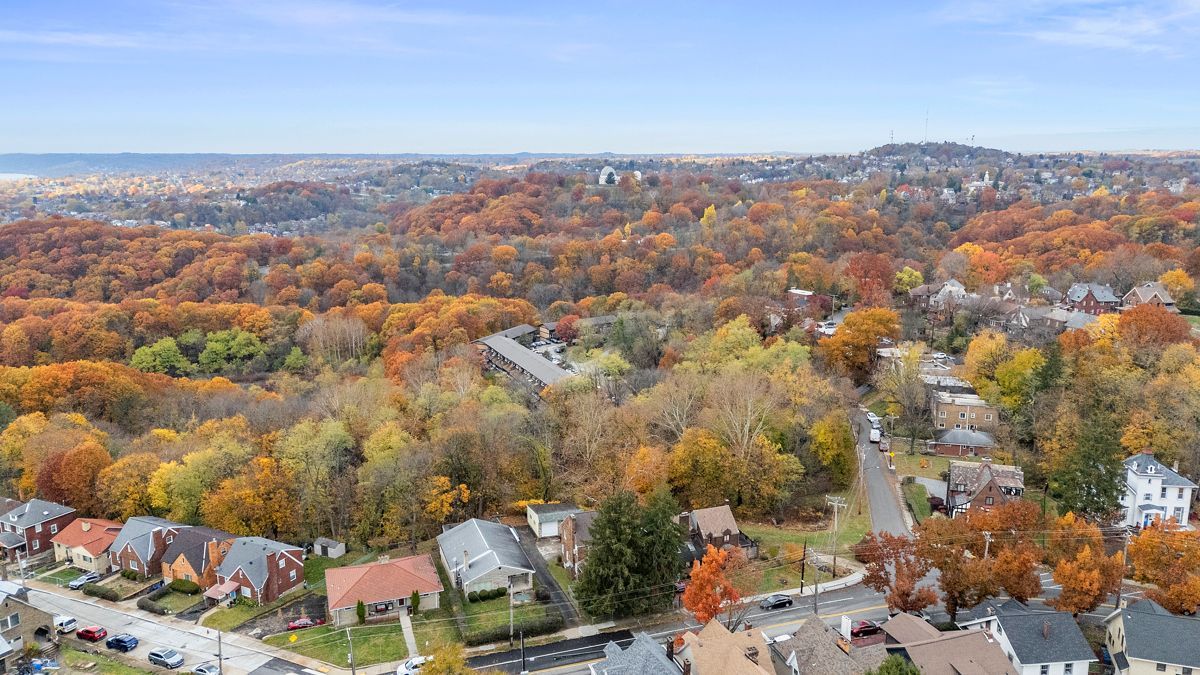 Aerial view of a town in autumn with colorful trees, houses, and a blue sky.
