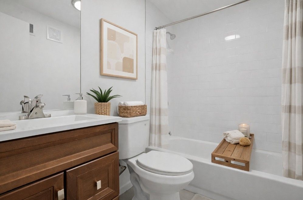 Bathroom with white tile, wooden vanity, toilet, tub, and decorative accents.