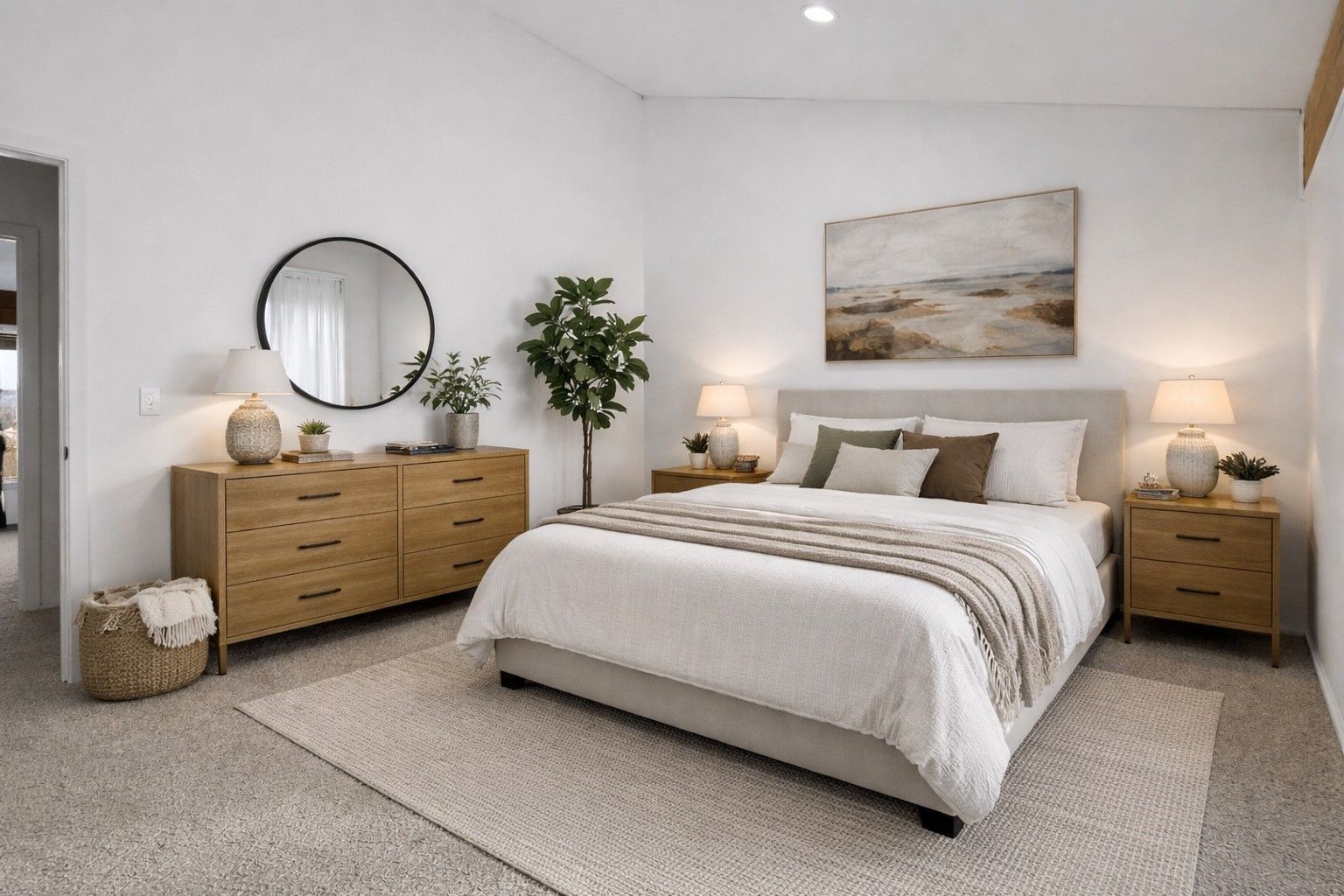Bedroom with a light-colored rug, bed, dresser, and round mirror.