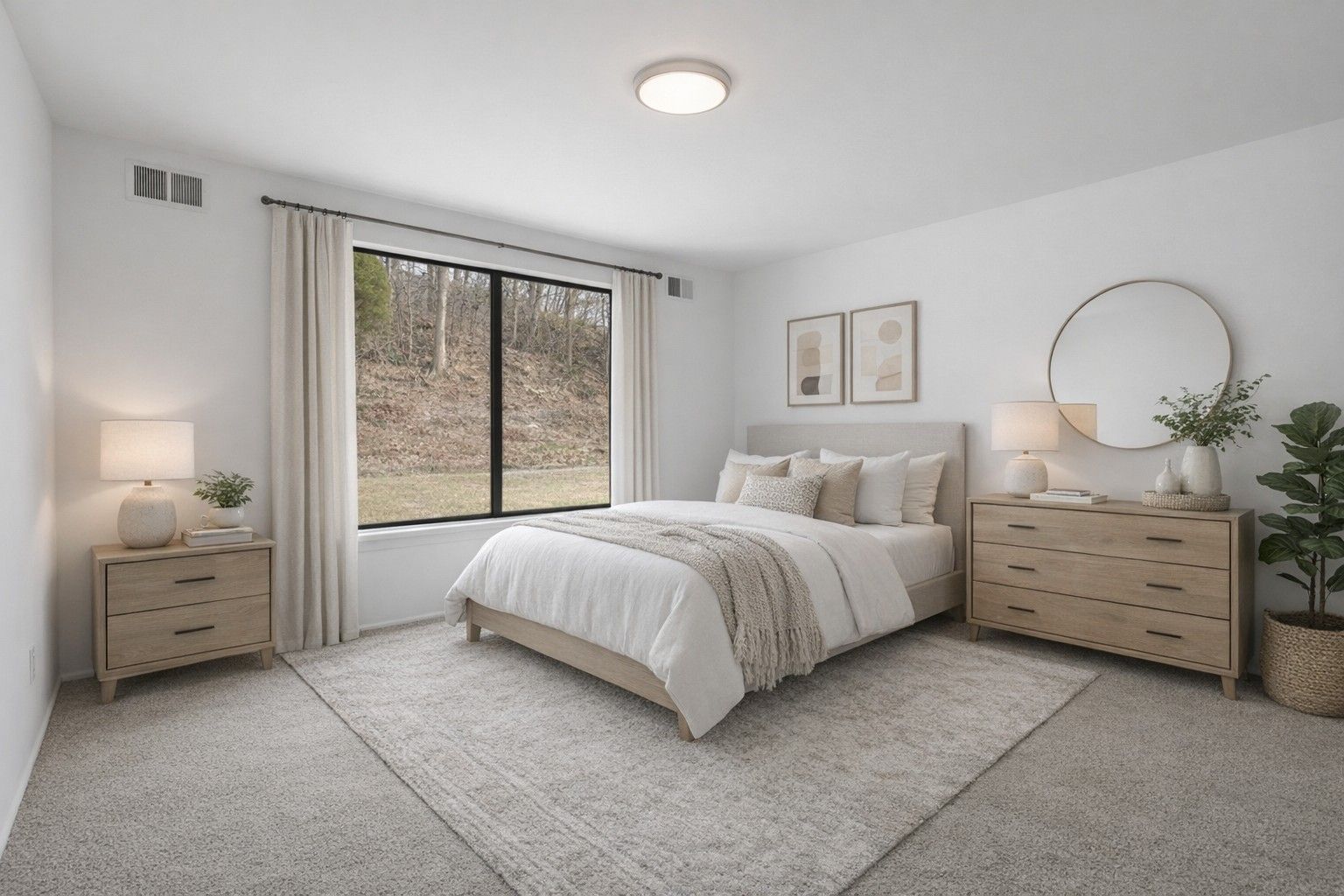 Bedroom with beige and white decor, large window overlooking trees, bed, nightstands, and rug.