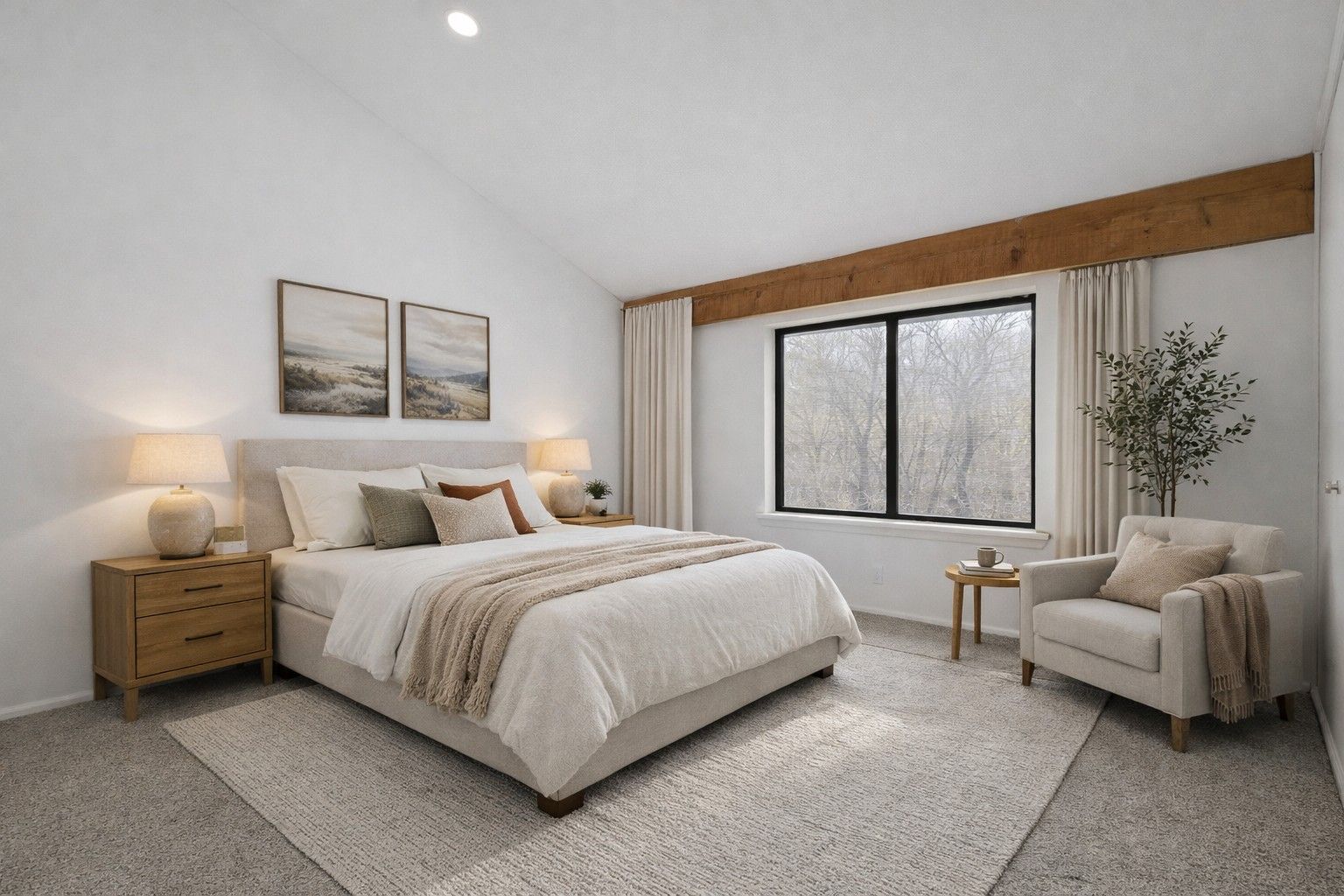 Bedroom scene with wooden headboard, lamp, potted plant, and pillows on the bed.