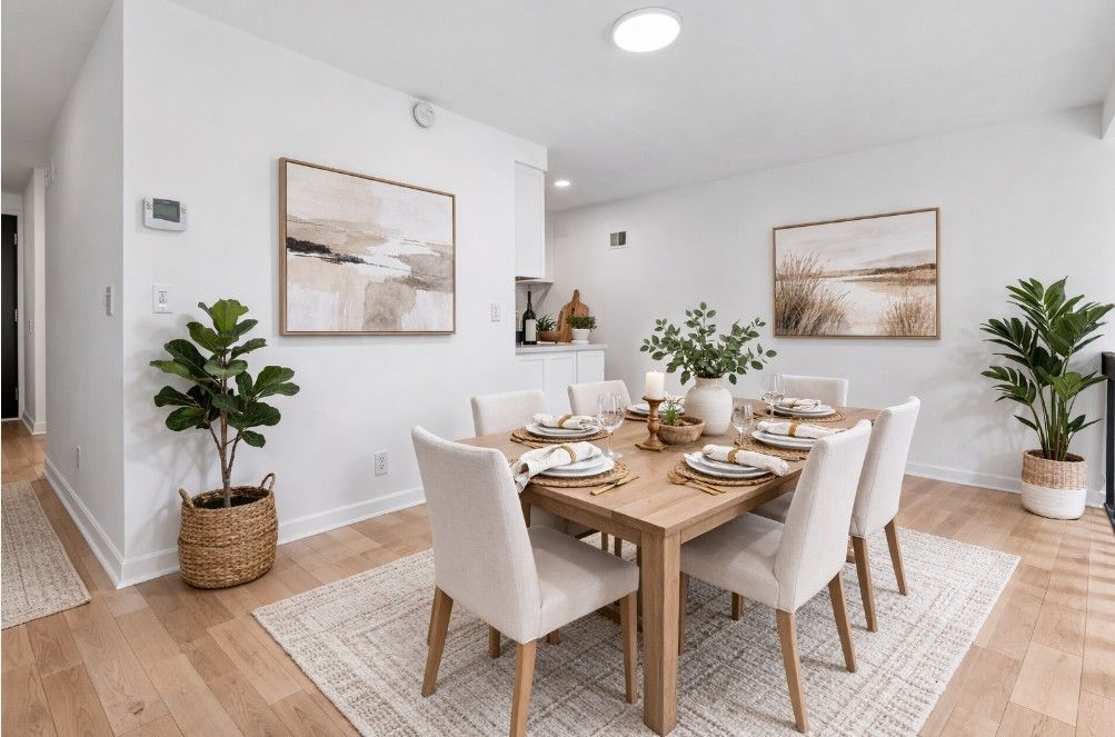 Apartment buildings surrounded by autumn trees with colorful foliage. Parking lot visible.