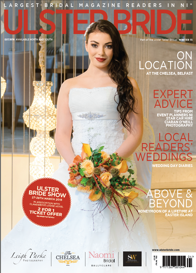 Ulster Bride cover with woman wearing simple white gown carrying bright bouquet