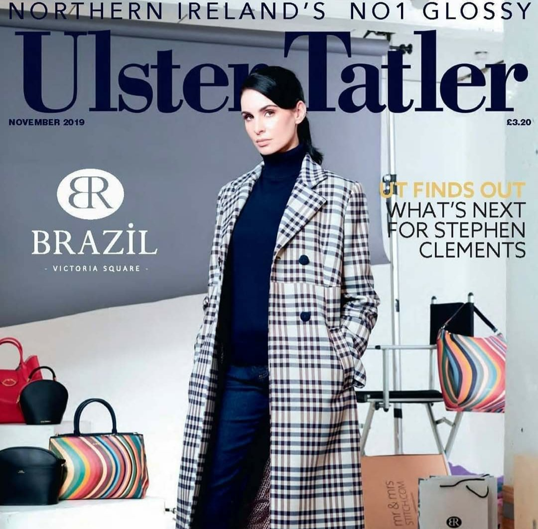 Ulster Tatler cover with woman wearing long chequered grey coat