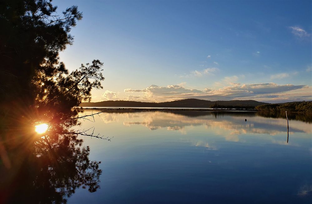 Sunset Over Calm Water, Reflecting the Sky and Silhouetted Trees — Whirly Bird King in North Lakes, QLD