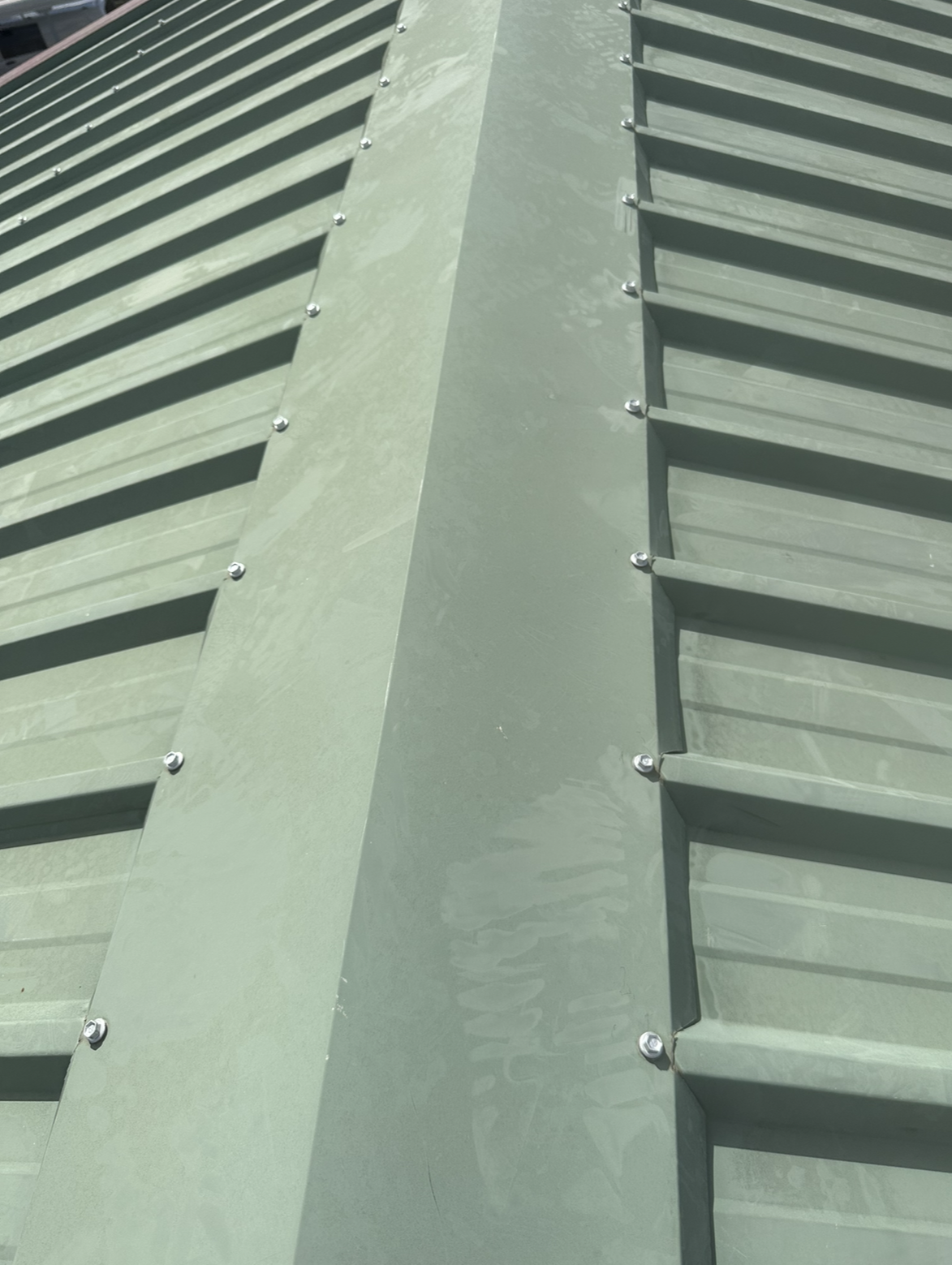 Green Metal Roof With a Vertical Ridge Flashing and Rows of Screws — Whirly Bird King in Caloundra, QLD