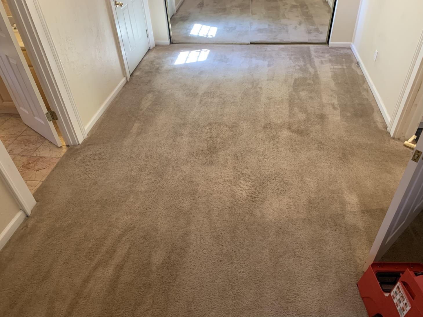 A hallway with a carpeted floor in a house.