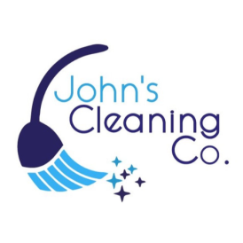 A logo for john 's cleaning co. with a broom and stars