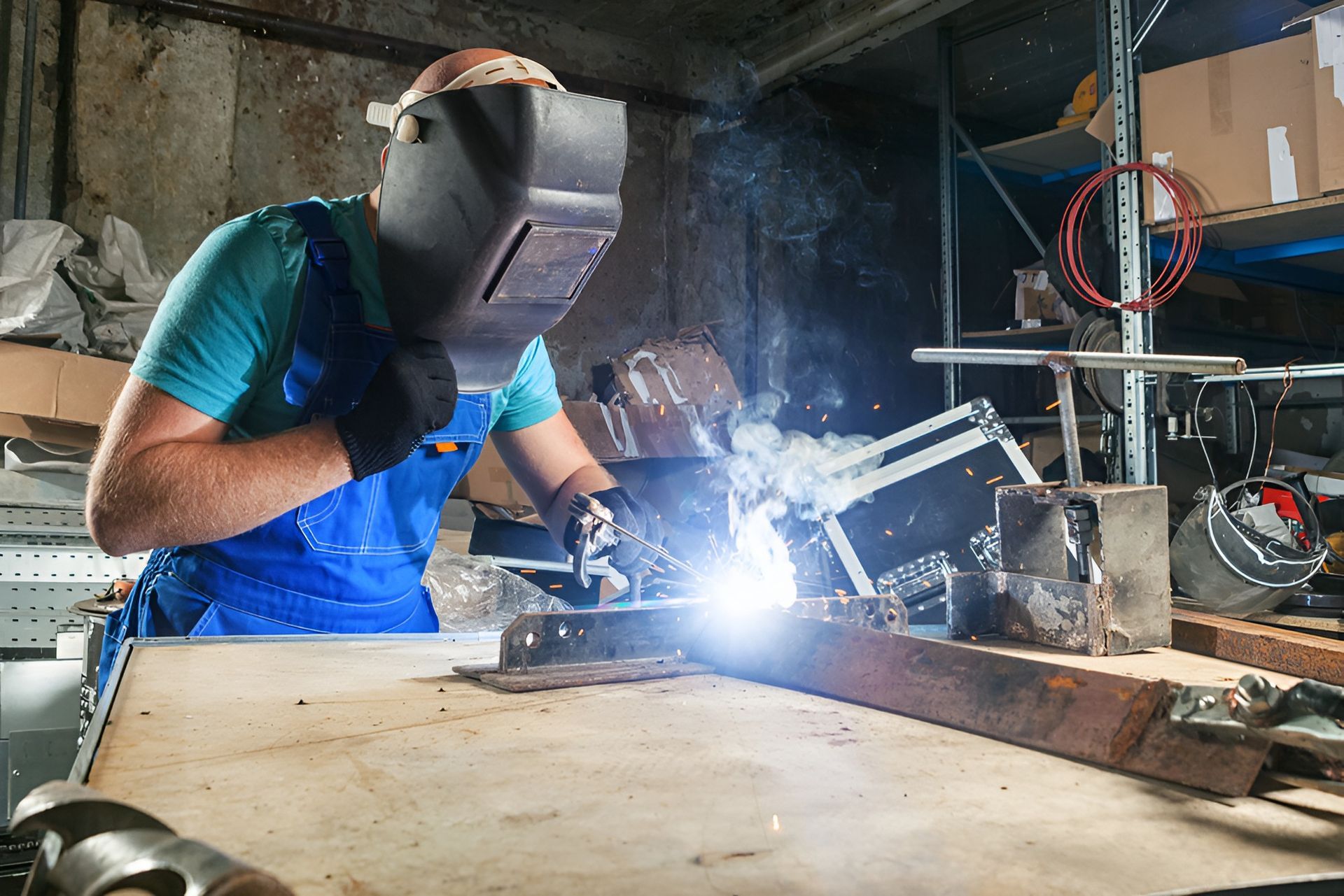Welder in Blue Overalls and a Mask Working — LM Engineering In Mareeba, QLD