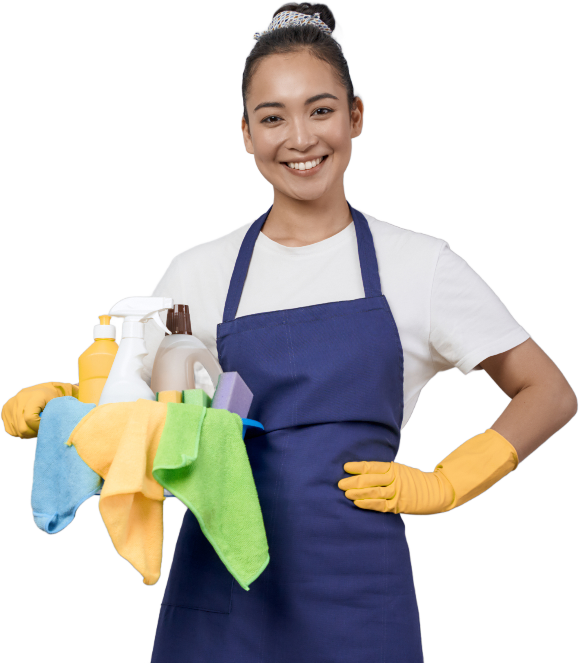 A Woman in an Apron is Holding a Bunch of Cleaning Supplies