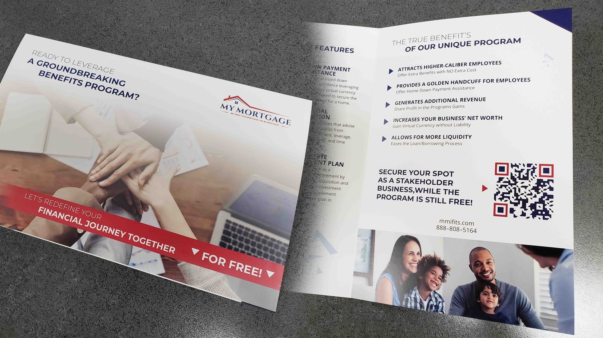 A photo of the cover and inside spread of the My Mortgage brochure mailer.