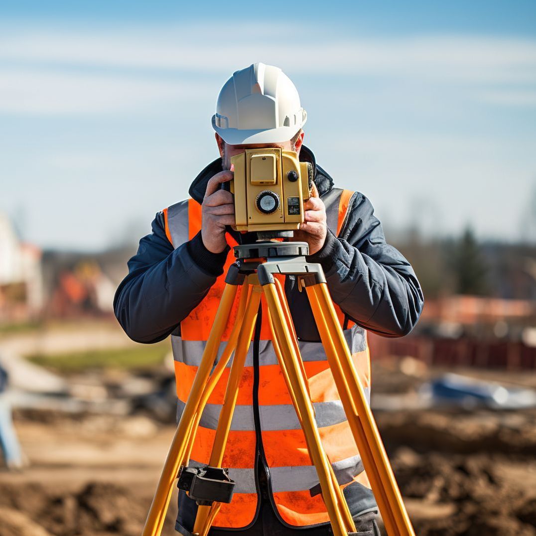 Géomètre portant un casque et un gilet orange utilisant un théodolite sur trépied sur un chantier de construction.