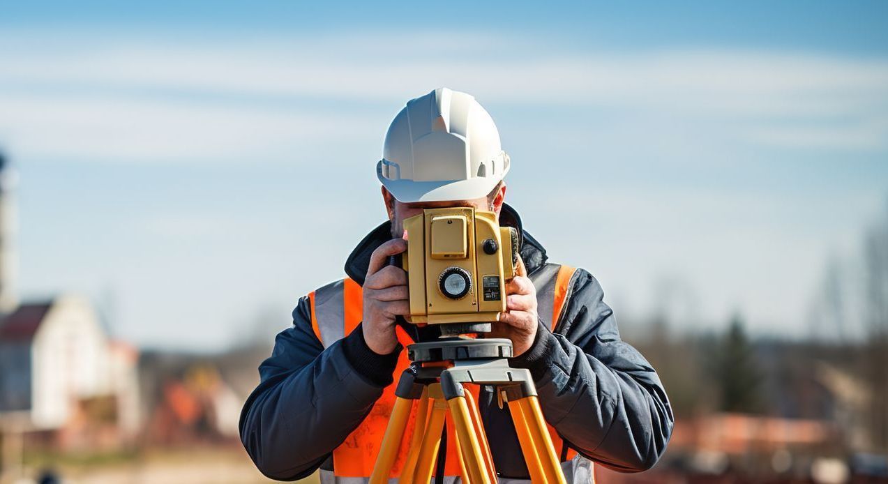 Un géomètre, portant un casque et un gilet de sécurité, observe à travers un théodolite installé sur un trépied à l'extérieur.