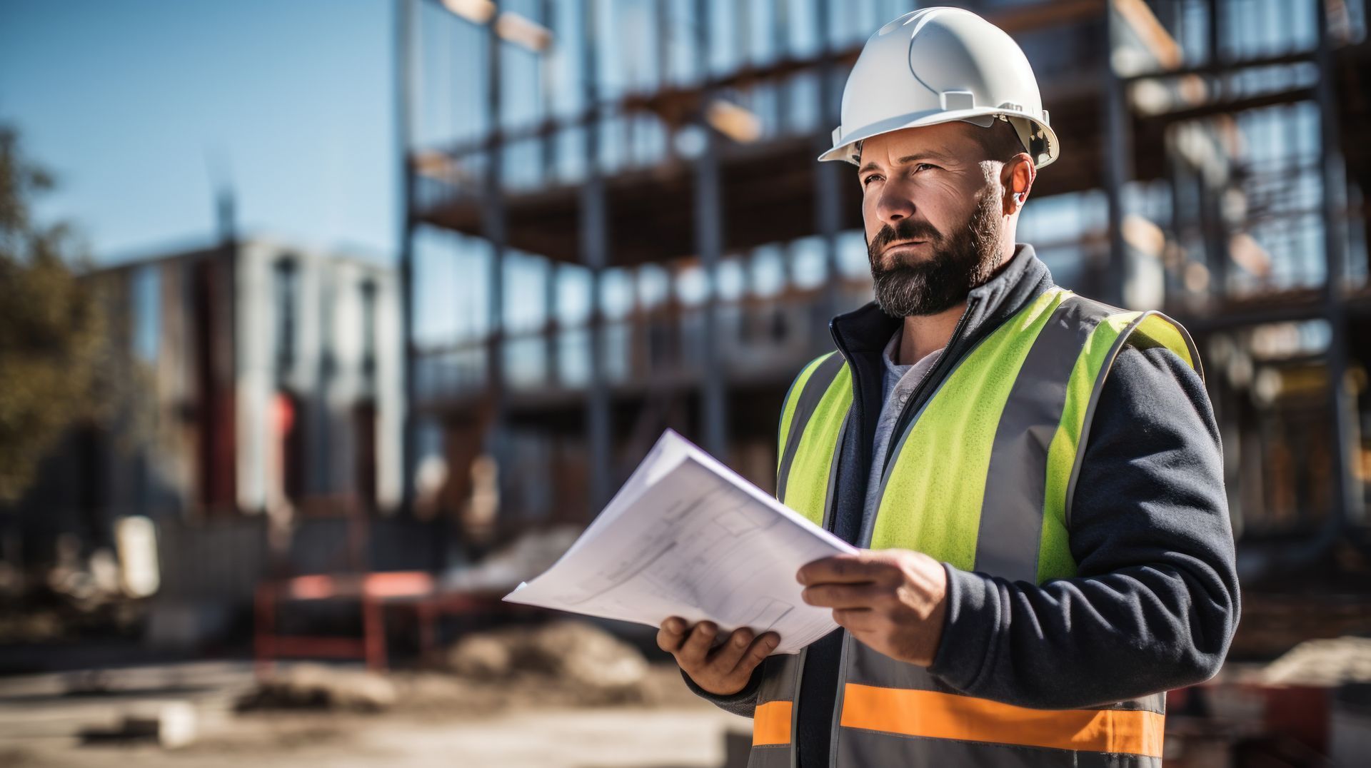 A construction worker is holding a piece of paper in front of a building under construction.