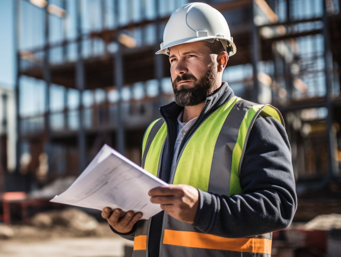 Un homme portant un casque et un gilet de sécurité tient un morceau de papier.