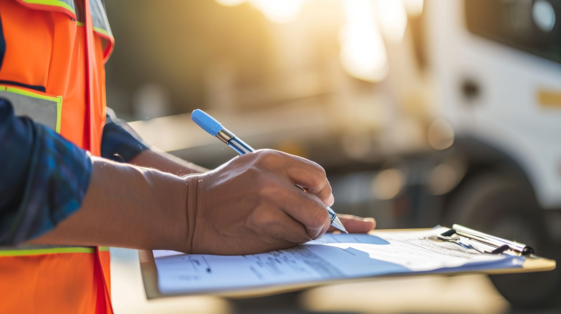 Un homme écrit sur un presse-papiers avec un stylo devant un camion.