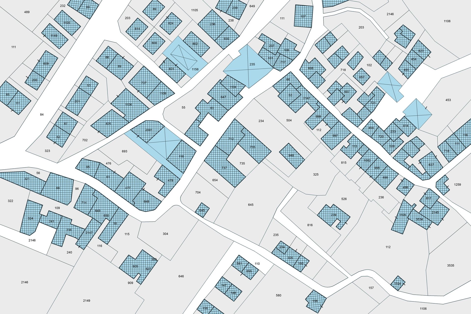 A map of a residential area with blue squares on it