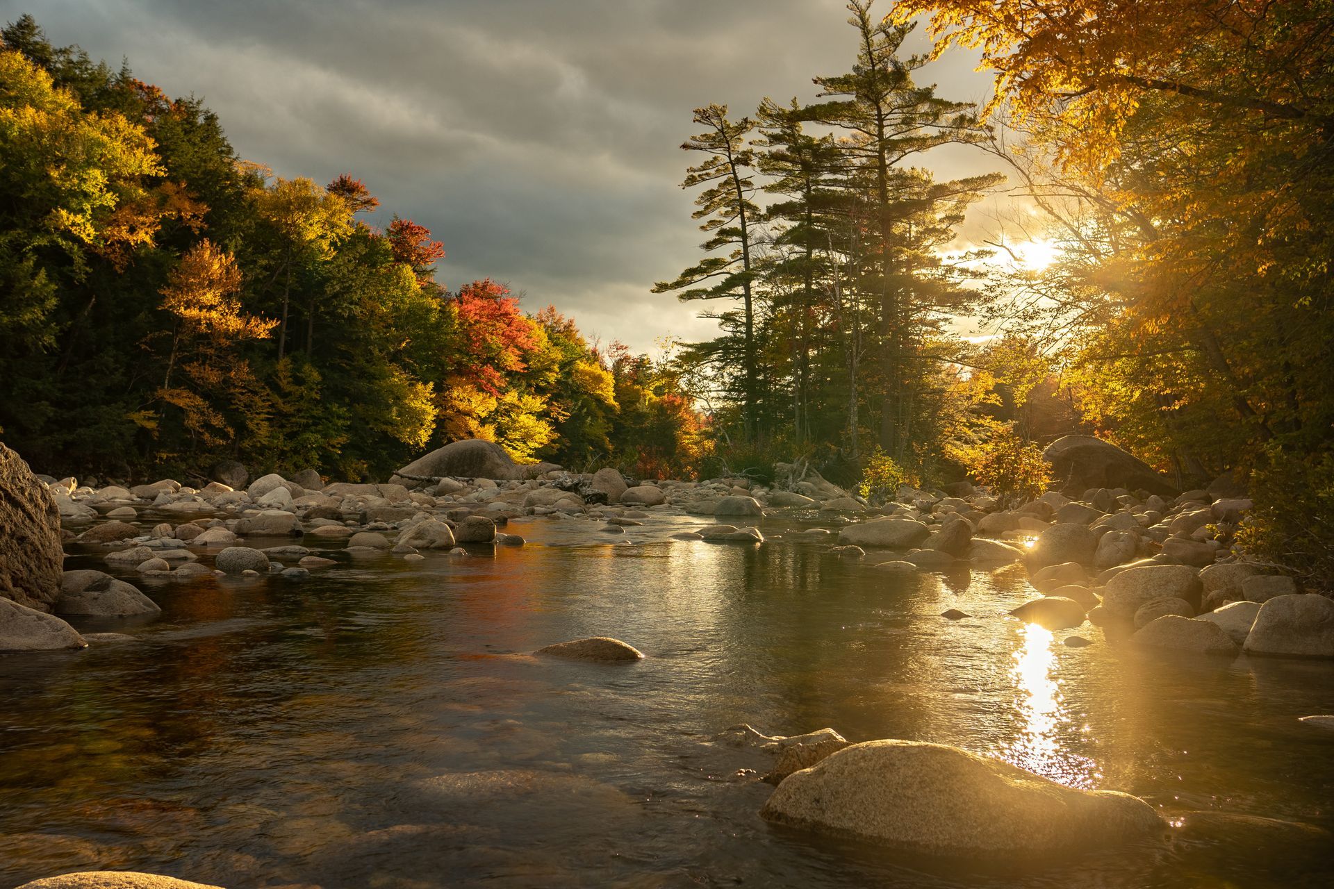 a river surrounded by trees and rocks with the sun shining through the trees