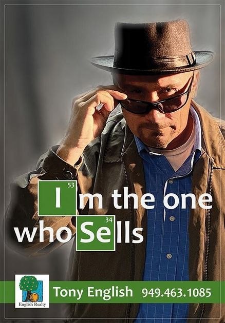 Man in black hat and sunglasses tipping brim, with text “I’m the one who Sells” and Tony English logo.