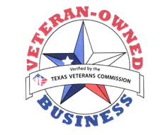 A veteran owned business logo that is verified by the texas veterans commission