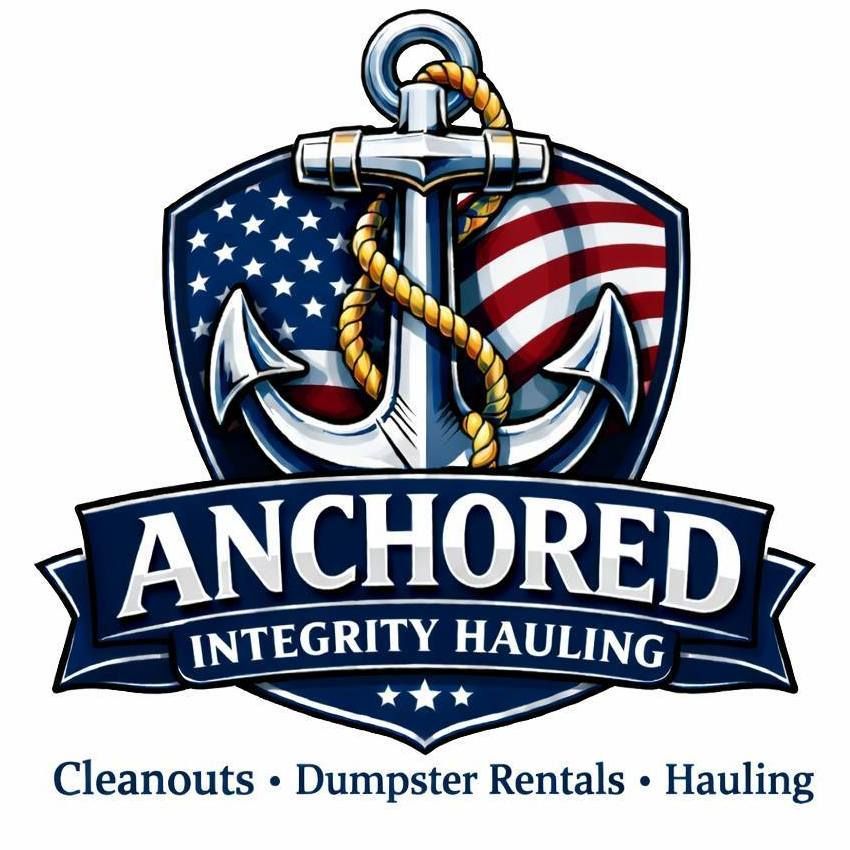 Logo for Anchored Integrity Hauling featuring a nautical anchor, American flag background, and service text below.