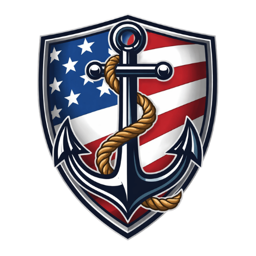 A dark blue anchor wrapped in a tan rope, centered on a shield displaying the American flag.