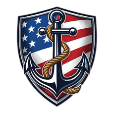 A dark blue anchor wrapped in a tan rope, centered on a shield displaying the American flag.