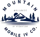 Mountain Mobile IV Co. wellness logo with blue mountain silhouette and pine trees, “By Hydration” text