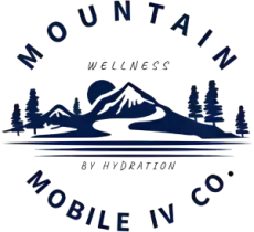 Mountain Mobile IV Co. wellness logo with blue mountain silhouette and pine trees, “By Hydration” text