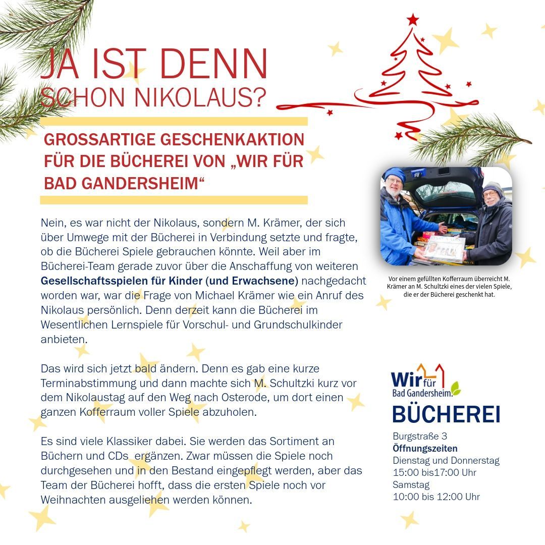 Werbeplakat für eine Spendenaktion der Bibliothek in Bad Gandersheim. Enthält Text, einen Weihnachtsbaum und Personen, die ein Auto beladen.