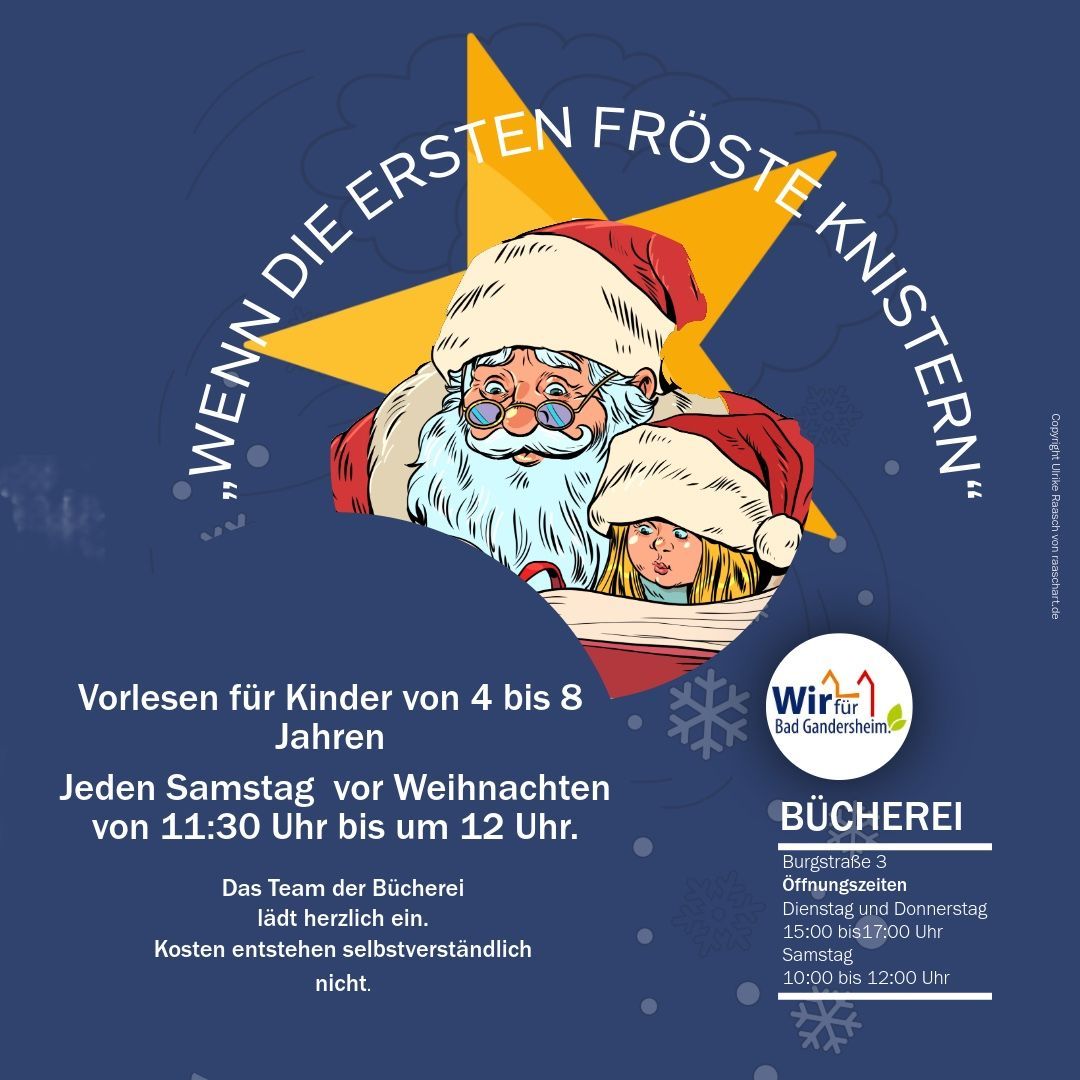 Plakat: Weihnachtsmann und Kind mit Weihnachtsmannmützen, Text: „Wenn der erste Frost knistert“, Kinderlesung samstags vor Weihnachten.