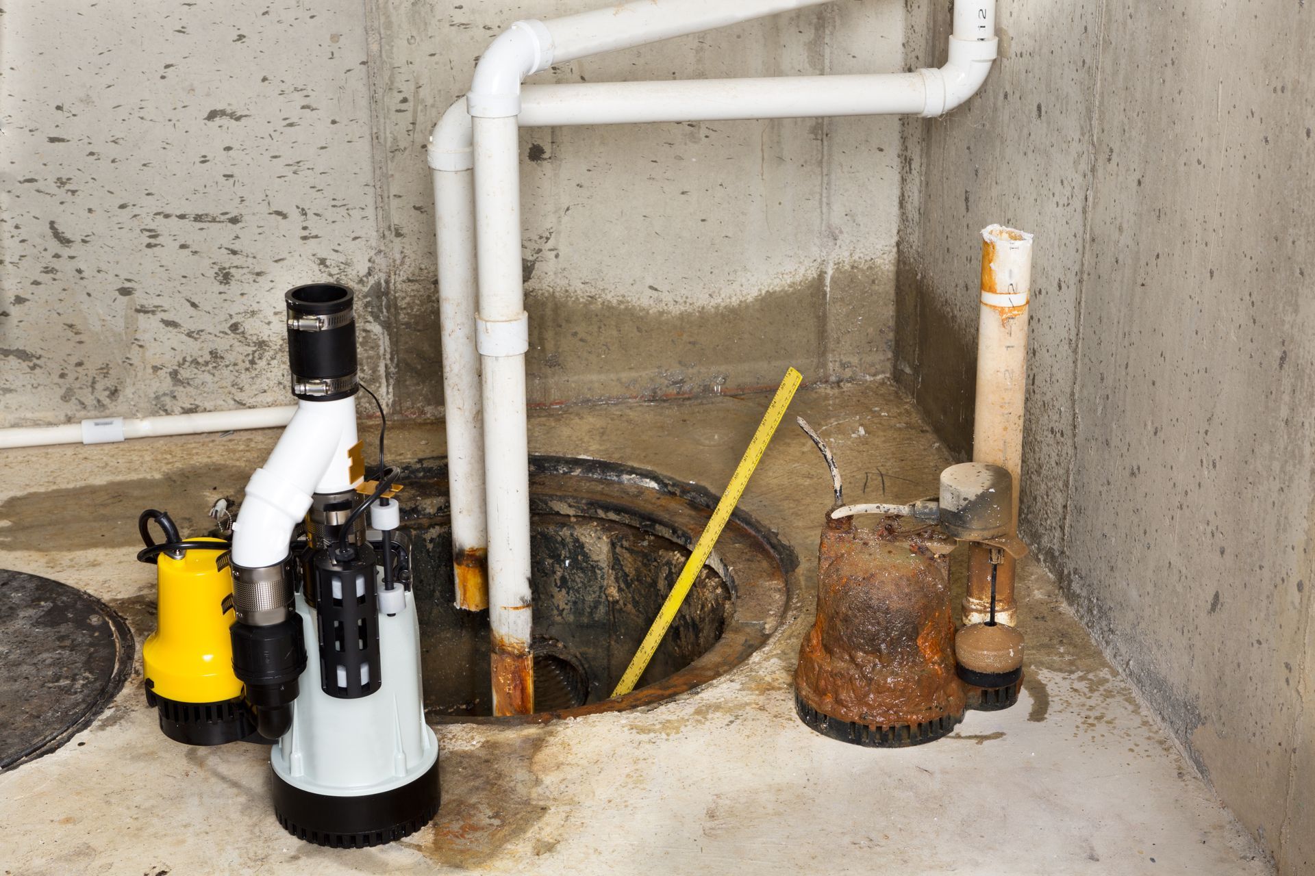 Worker installing a new sump pump in a basement to replace the old one