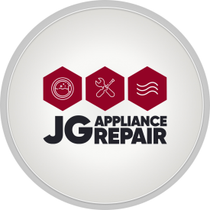 Logo: JG Appliance Repair with icons for washing machine, tools, and heat waves.