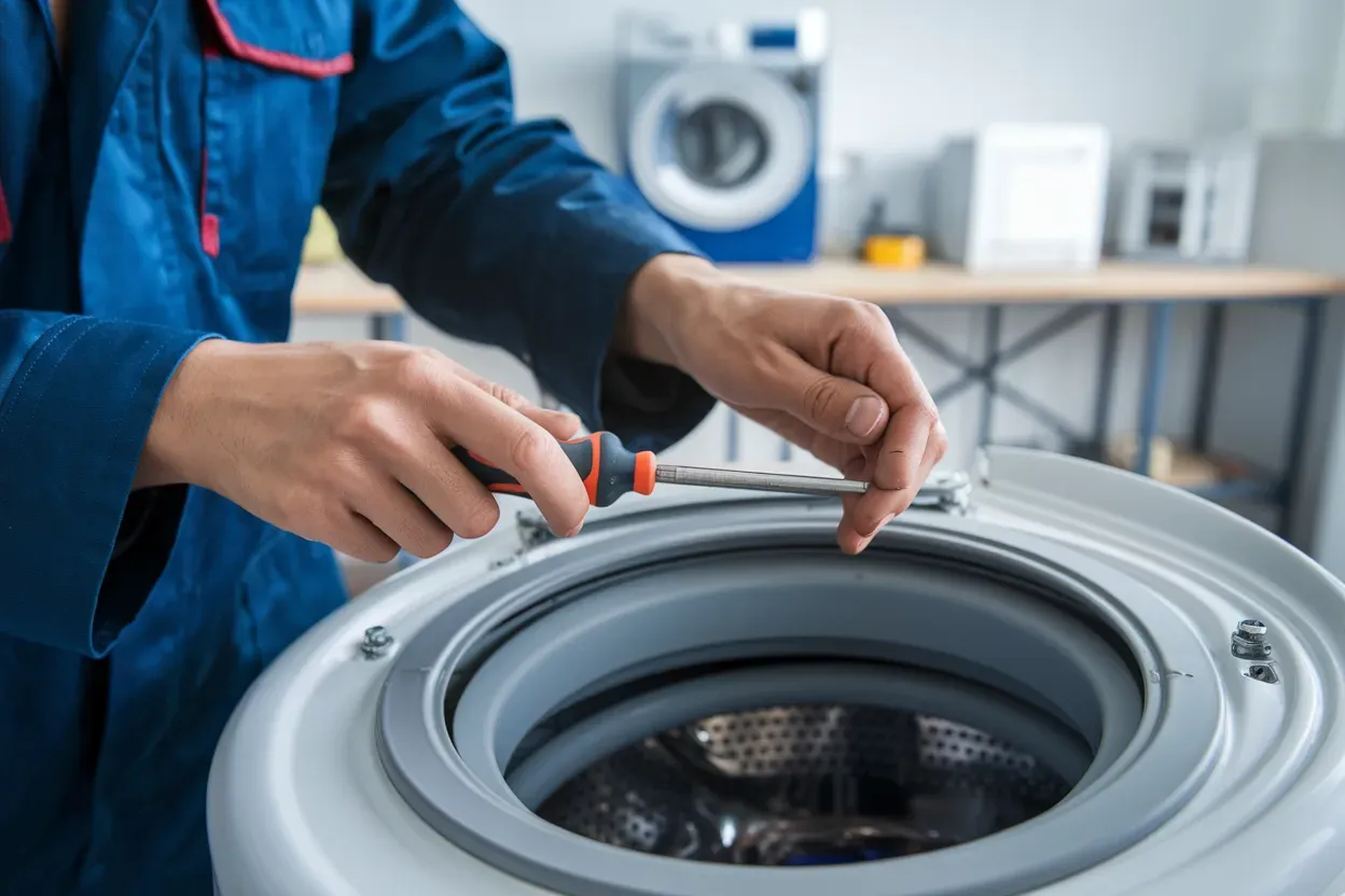 A man is fixing a washing machine with a screwdriver.