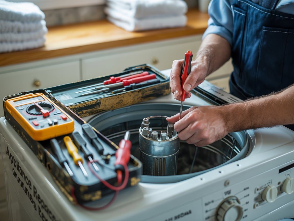 Repairman working on a washing machine with tools, inside a laundry room.
