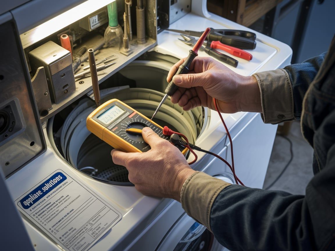 Person using a multimeter to test a washing machine's internal components. Tools and parts are visible on top.