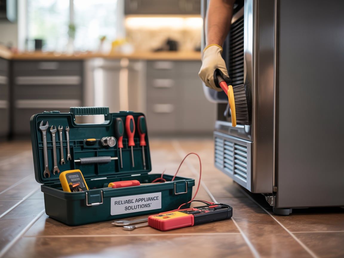 Toolbox with tools on a floor, a person repairs a refrigerator in a kitchen.