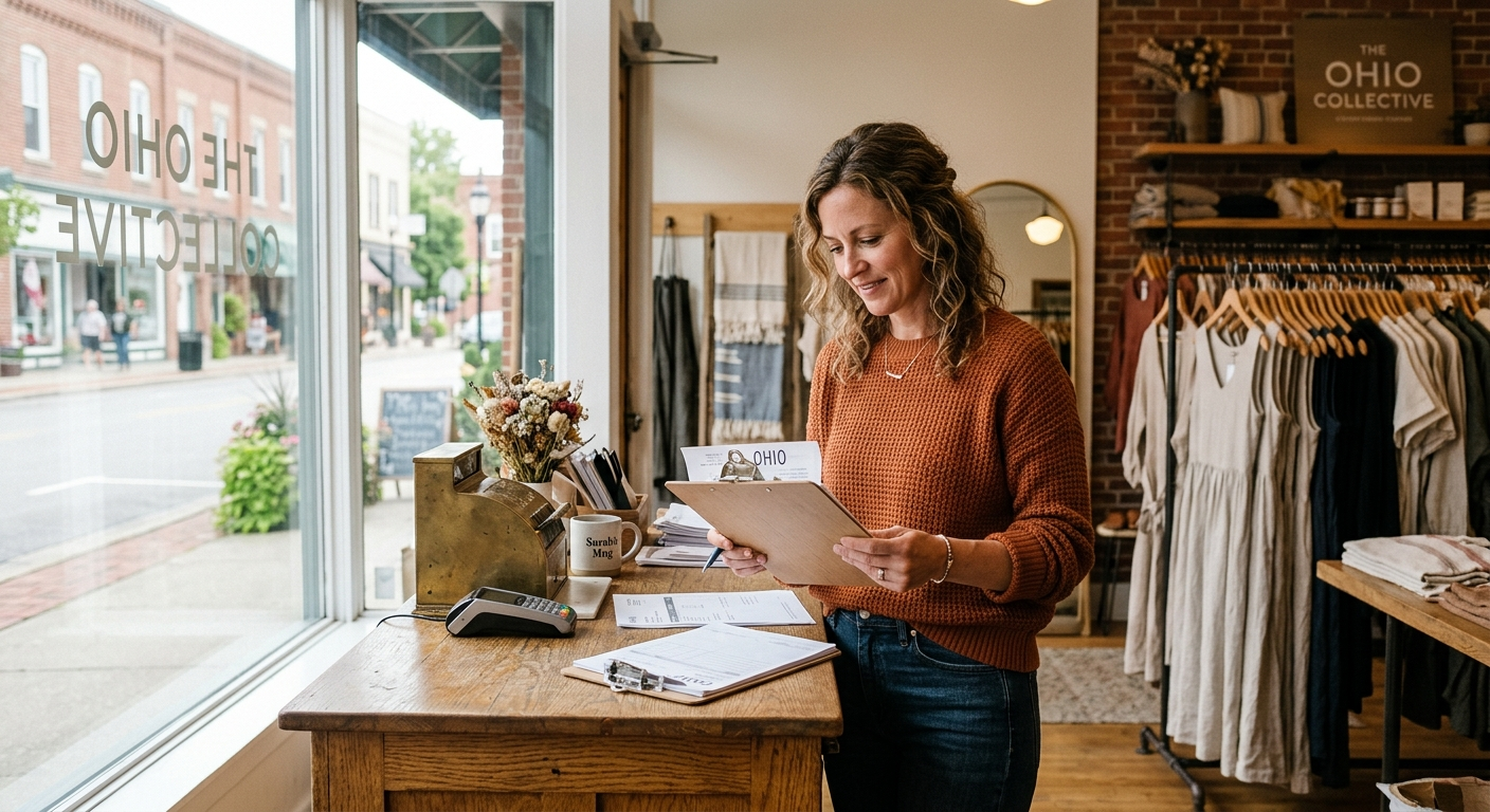Small business owner reviewing insurance documents at a desk in a northwest Ohio storefront office