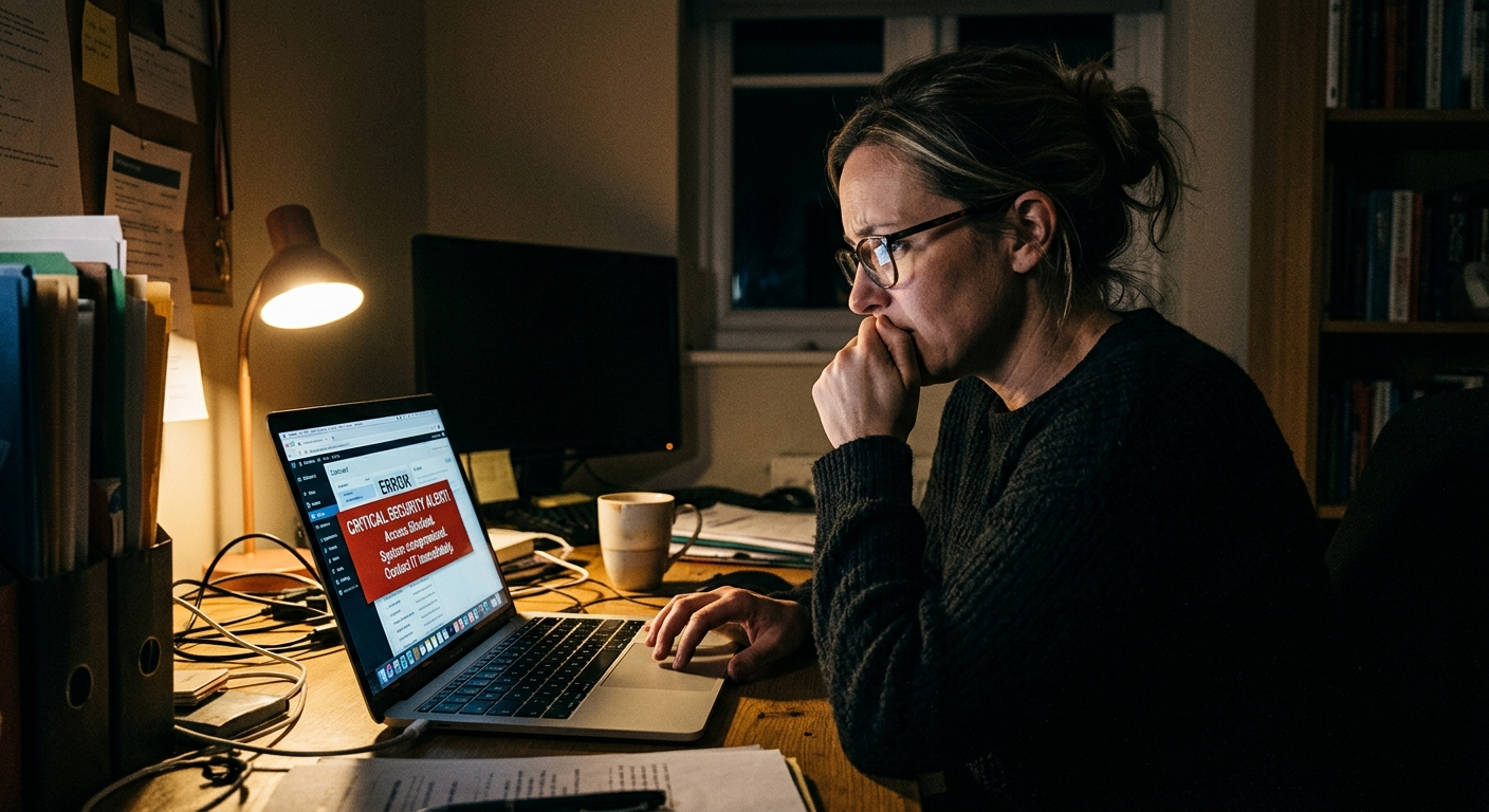 Small business owner at a desk reviewing a laptop screen showing a security alert notification in an Ohio office setting