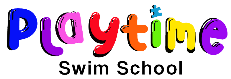 The logo for playtime swim school is colorful and looks like a puzzle.