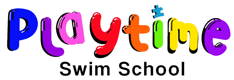 The logo for playtime swim school is colorful and looks like a puzzle.
