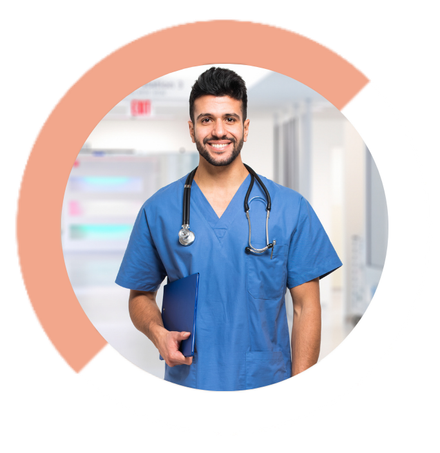 A man wearing scrubs and a stethoscope is holding a clipboard.