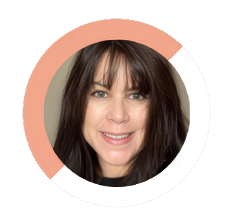 A woman with long dark hair is smiling in a circle