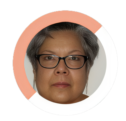 A close up of a woman 's face with glasses in a circle