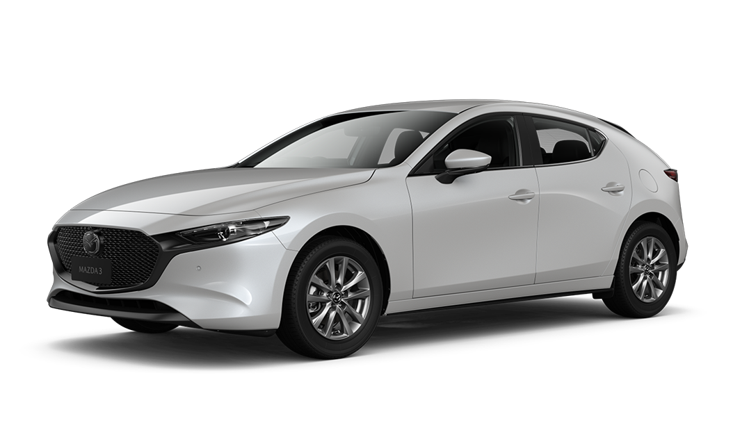 A silver mazda 3 hatchback is shown on a white background.