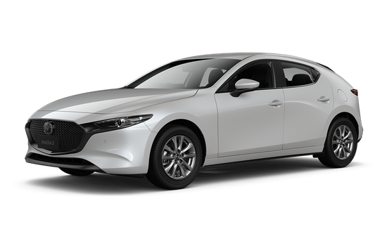 A silver mazda 3 hatchback is shown on a white background.